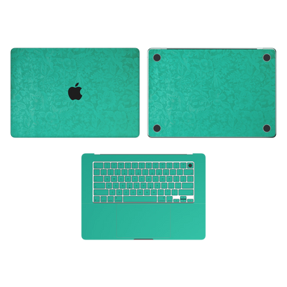 西湖苍兰 Hibiscus MacBook skin ACD coverage diagram. Shared material and installation illustration rendered on MacBook Air 15.3 M3-M5; actual cutouts follow the selected model. A lid, C inside and D bottom; no B screen edge. Device not included.