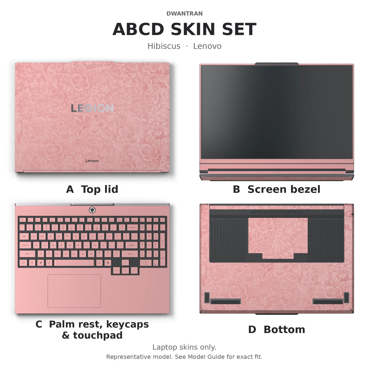 Dwantran Hibiscus Lenovo laptop skin in Blush Pink, showing coverage for the laptop lid, screen bezel, keyboard area, and underside (A+B+C+D) on a white background.