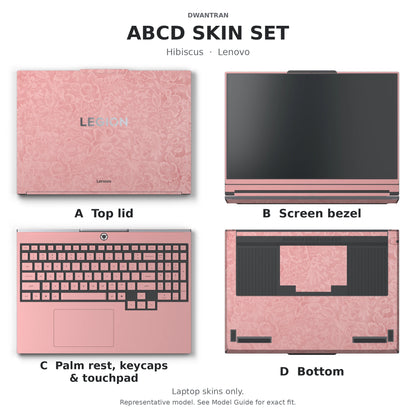 Dwantran Hibiscus Lenovo laptop skin in Blush Pink, showing coverage for the laptop lid, screen bezel, keyboard area, and underside (A+B+C+D) on a white background.