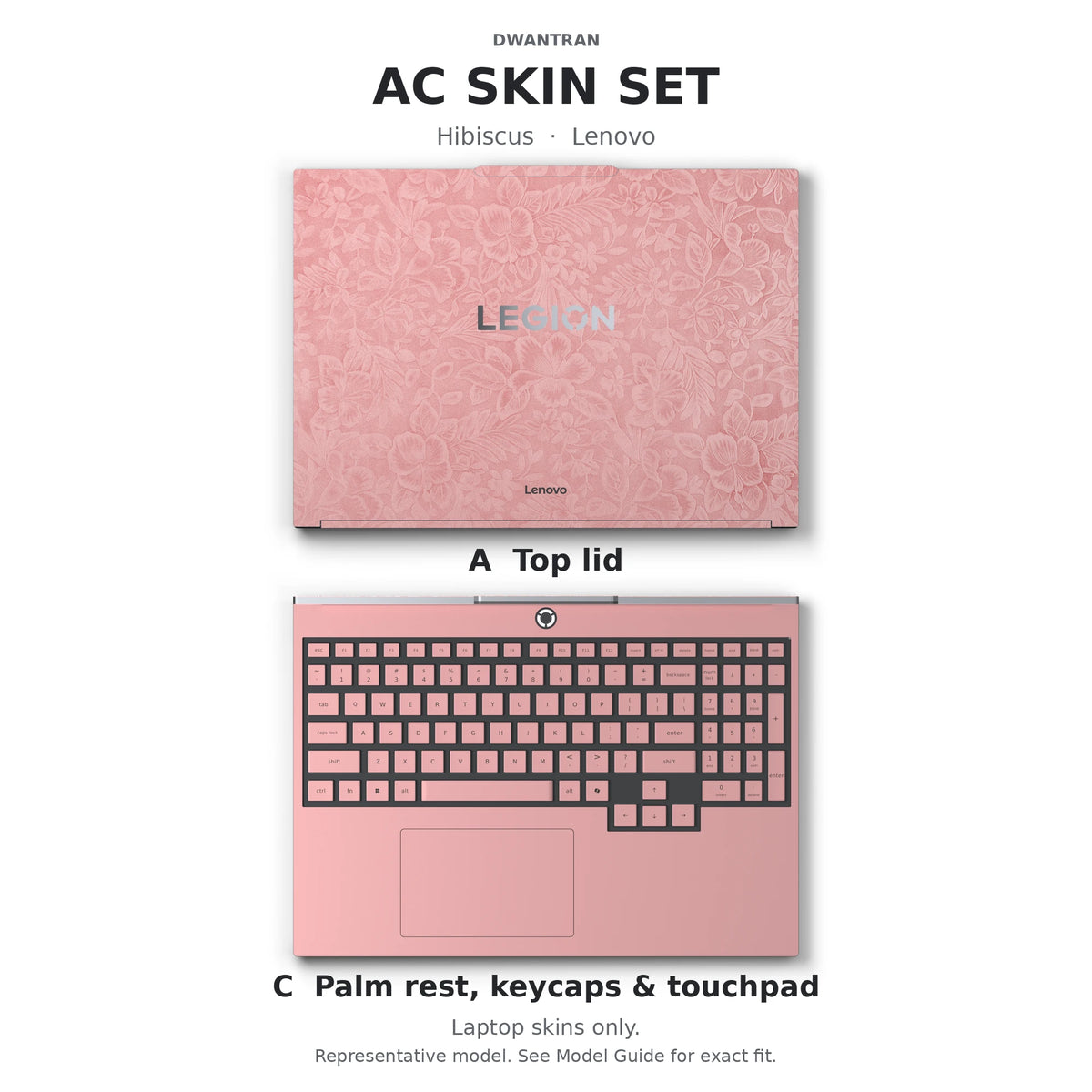 Dwantran Hibiscus Lenovo laptop skin in Blush Pink, showing coverage for the laptop lid and keyboard area (A+C) on a white background.