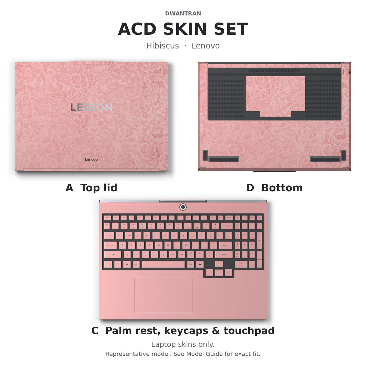 Dwantran Hibiscus Lenovo laptop skin in Blush Pink, showing coverage for the laptop lid, keyboard area, and underside (A+C+D) on a white background.