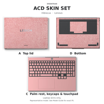 Dwantran Hibiscus Lenovo laptop skin in Blush Pink, showing coverage for the laptop lid, keyboard area, and underside (A+C+D) on a white background.