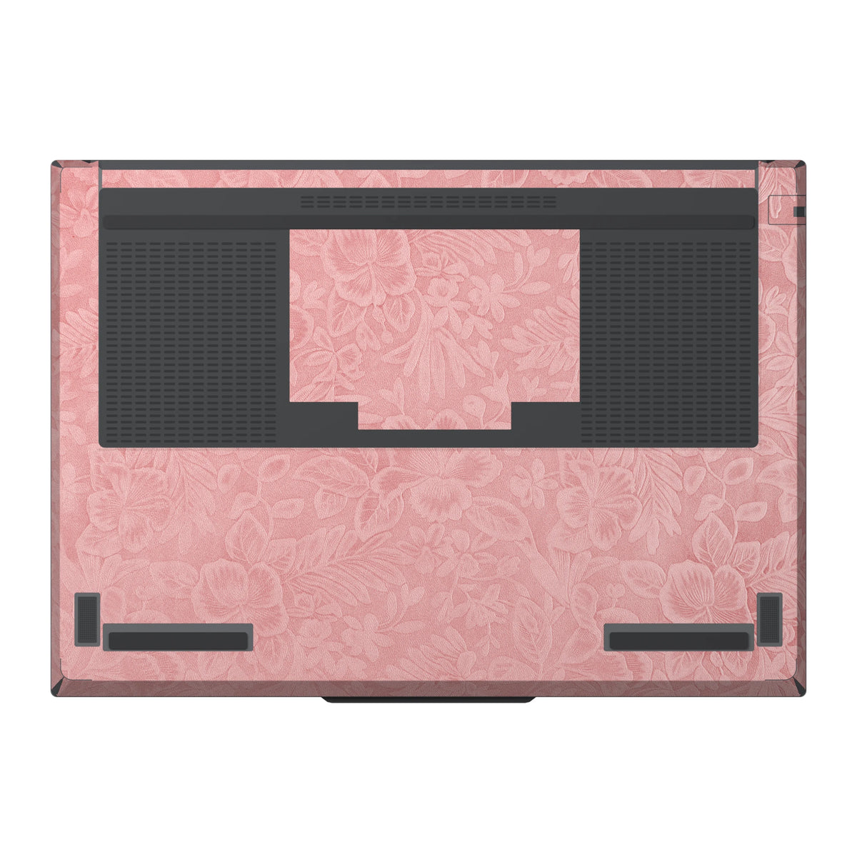 Dwantran Hibiscus Lenovo laptop skin in Blush Pink, showing a bottom view of the laptop on a white background.