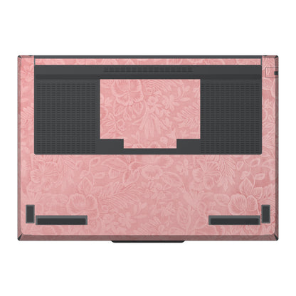 Dwantran Hibiscus Lenovo laptop skin in Blush Pink, showing a bottom view of the laptop on a white background.