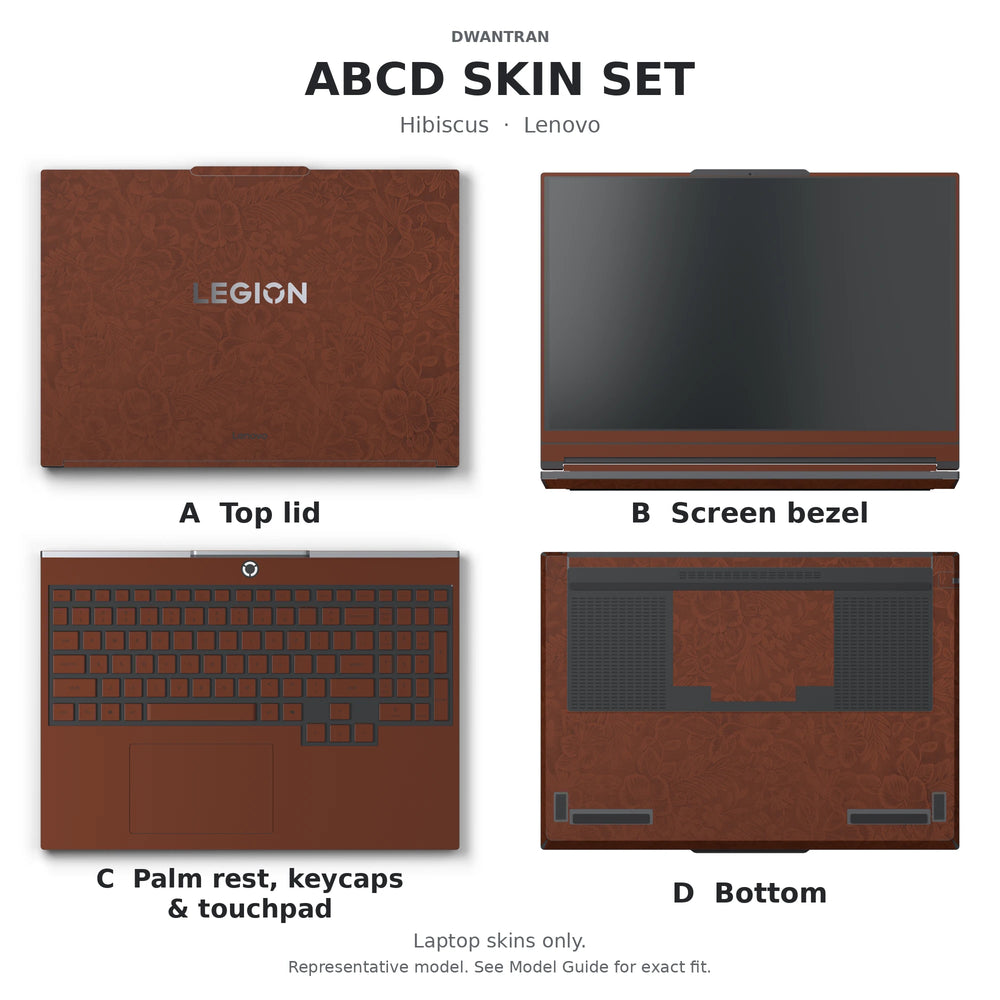 Dwantran Hibiscus Lenovo laptop skin in Classic Brown, showing coverage for the laptop lid, screen bezel, keyboard area, and underside (A+B+C+D) on a white background.