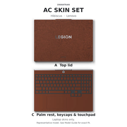 Dwantran Hibiscus Lenovo laptop skin in Classic Brown, showing coverage for the laptop lid and keyboard area (A+C) on a white background.