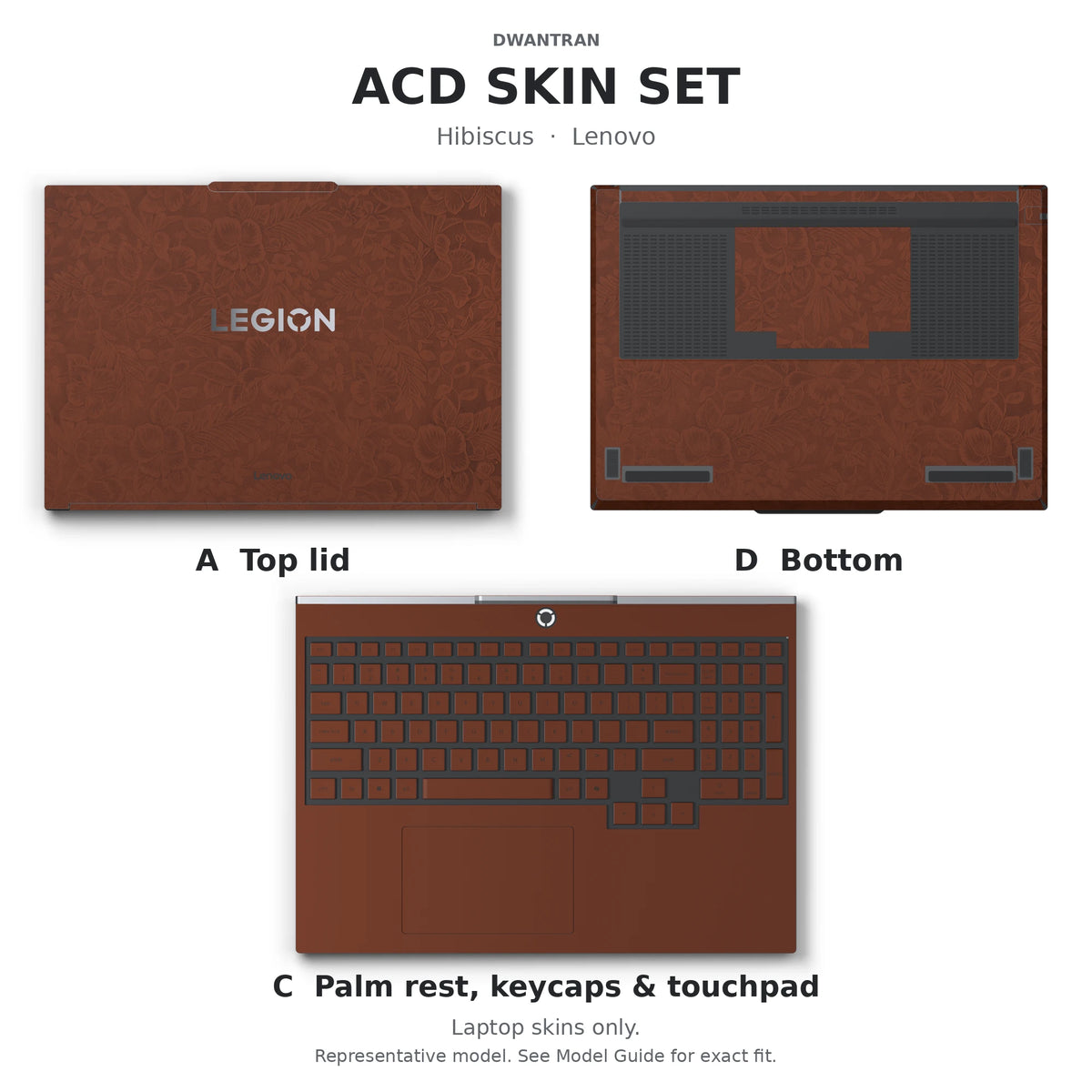 Dwantran Hibiscus Lenovo laptop skin in Classic Brown, showing coverage for the laptop lid, keyboard area, and underside (A+C+D) on a white background.