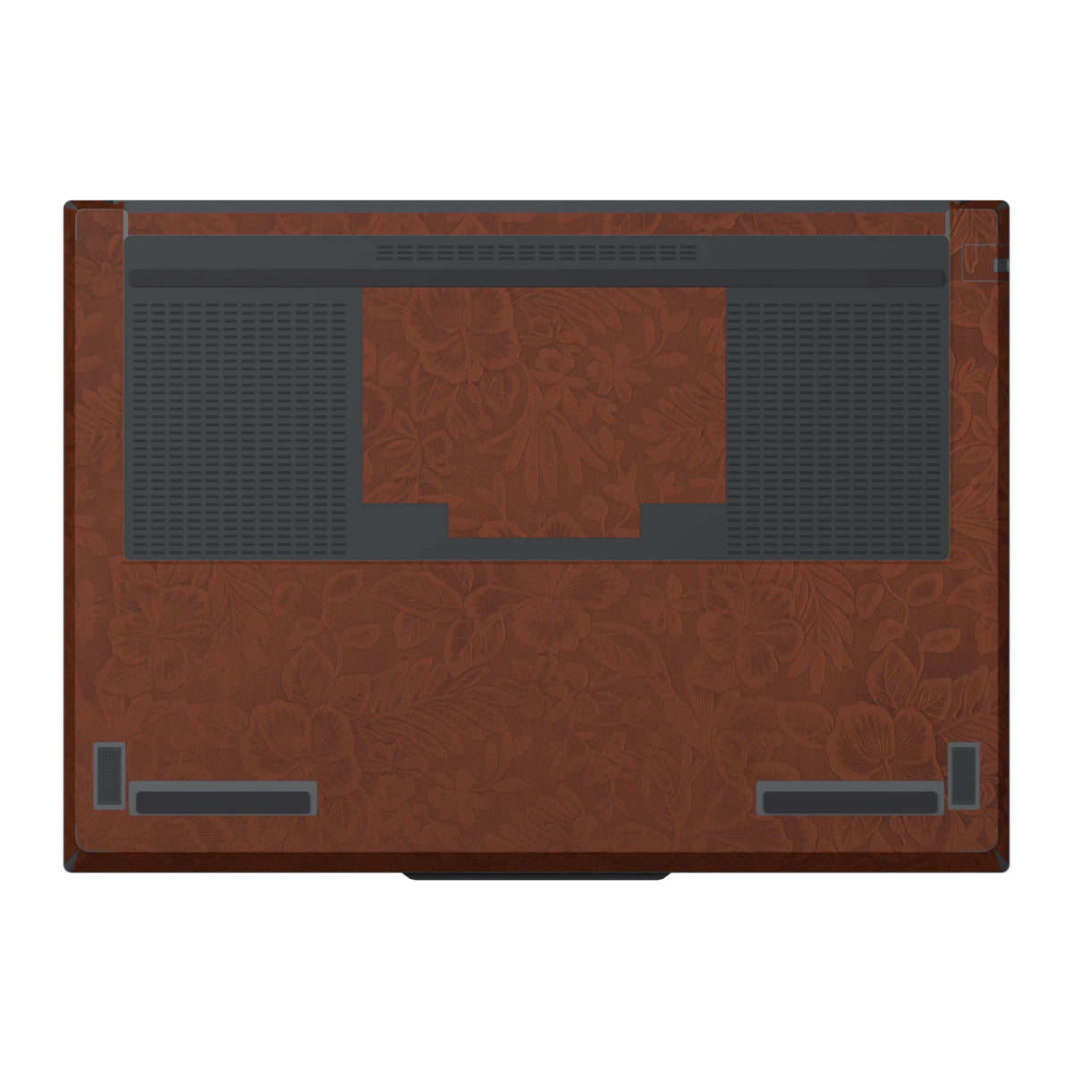 Dwantran Hibiscus Lenovo laptop skin in Classic Brown, showing a bottom view of the laptop on a white background.