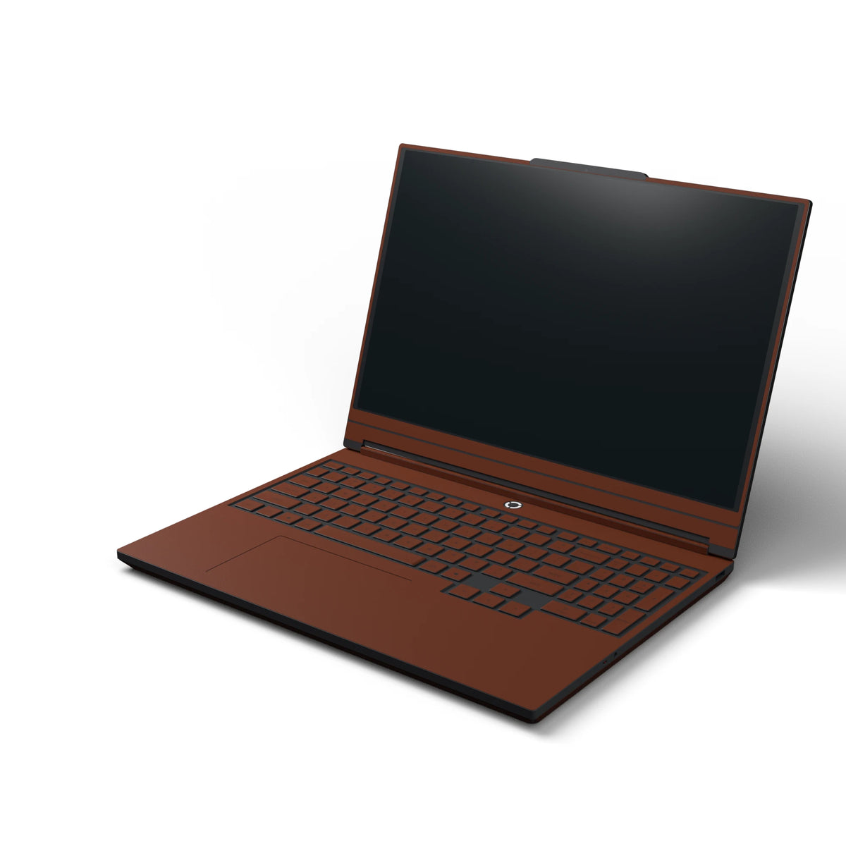 Dwantran Hibiscus Lenovo laptop skin in Classic Brown, showing an oblique view of the keyboard area on a white background.