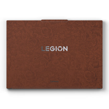Dwantran Hibiscus Lenovo laptop skin in Classic Brown, showing a top view of the laptop lid on a white background.