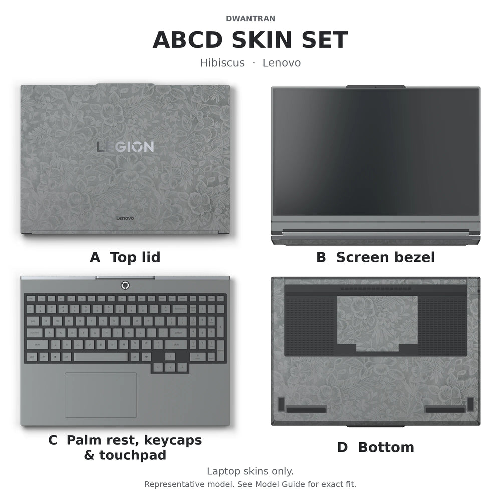 Dwantran Hibiscus Lenovo laptop skin in Classic Gray, showing coverage for the laptop lid, screen bezel, keyboard area, and underside (A+B+C+D) on a white background.
