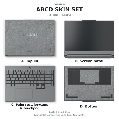 Dwantran Hibiscus Lenovo laptop skin in Classic Gray, showing coverage for the laptop lid, screen bezel, keyboard area, and underside (A+B+C+D) on a white background.