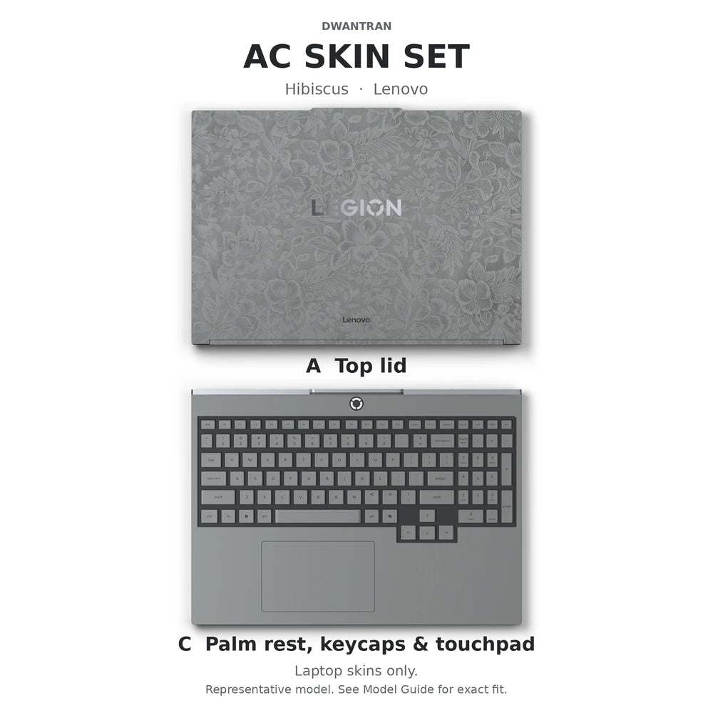 Dwantran Hibiscus Lenovo laptop skin in Classic Gray, showing coverage for the laptop lid and keyboard area (A+C) on a white background.