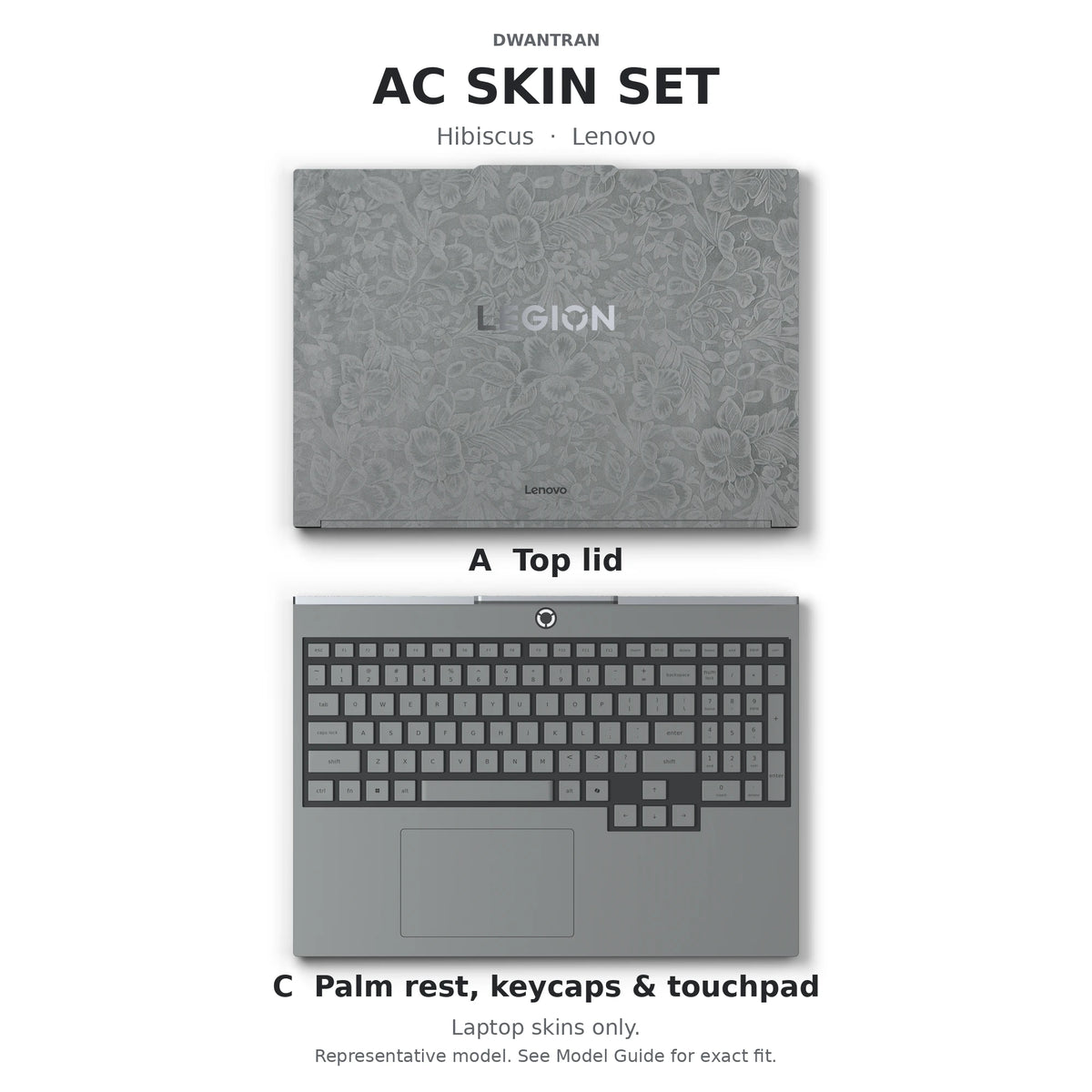 Dwantran Hibiscus Lenovo laptop skin in Classic Gray, showing coverage for the laptop lid and keyboard area (A+C) on a white background.