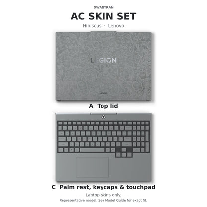 Dwantran Hibiscus Lenovo laptop skin in Classic Gray, showing coverage for the laptop lid and keyboard area (A+C) on a white background.