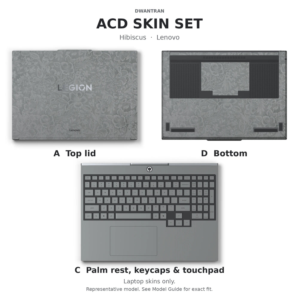 Dwantran Hibiscus Lenovo laptop skin in Classic Gray, showing coverage for the laptop lid, keyboard area, and underside (A+C+D) on a white background.
