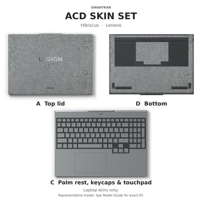 Dwantran Hibiscus Lenovo laptop skin in Classic Gray, showing coverage for the laptop lid, keyboard area, and underside (A+C+D) on a white background.