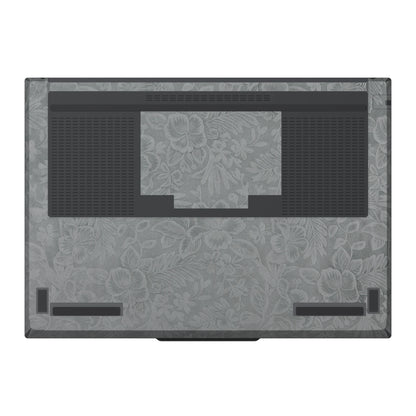 Dwantran Hibiscus Lenovo laptop skin in Classic Gray, showing a bottom view of the laptop on a white background.