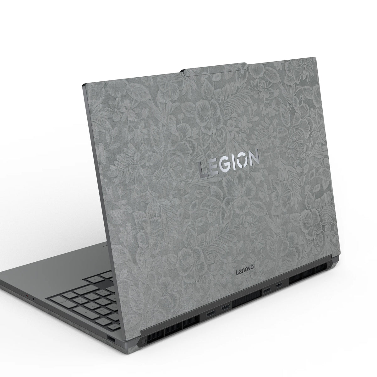 Dwantran Hibiscus Lenovo laptop skin in Classic Gray, showing an oblique view of the laptop lid on a white background.