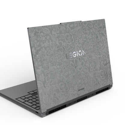 Dwantran Hibiscus Lenovo laptop skin in Classic Gray, showing an oblique view of the laptop lid on a white background.