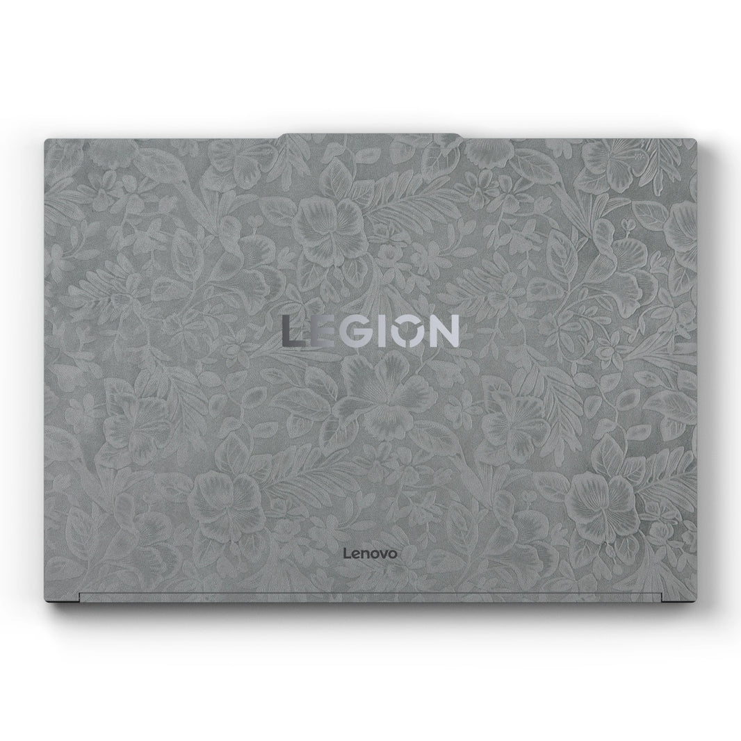 Dwantran Hibiscus Lenovo laptop skin in Classic Gray, showing a top view of the laptop lid on a white background.