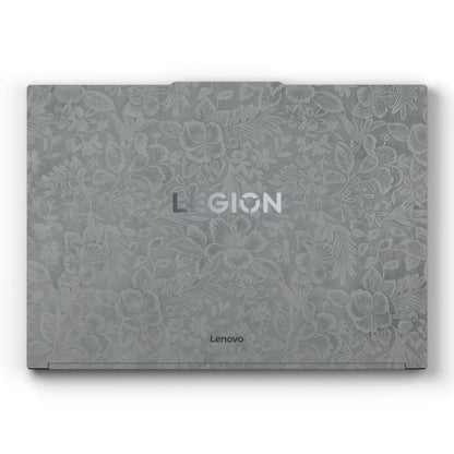 Dwantran Hibiscus Lenovo laptop skin in Classic Gray, showing a top view of the laptop lid on a white background.