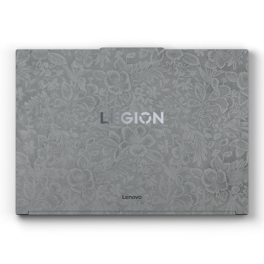 Dwantran Hibiscus Lenovo laptop skin in Classic Gray, showing a top view of the laptop lid on a white background.