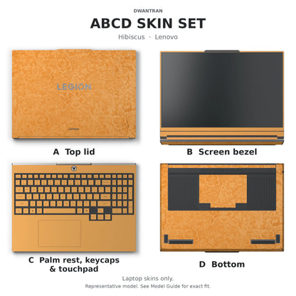 Dwantran Hibiscus Lenovo laptop skin in Sunny Yellow, showing coverage for the laptop lid, screen bezel, keyboard area, and underside (A+B+C+D) on a white background.