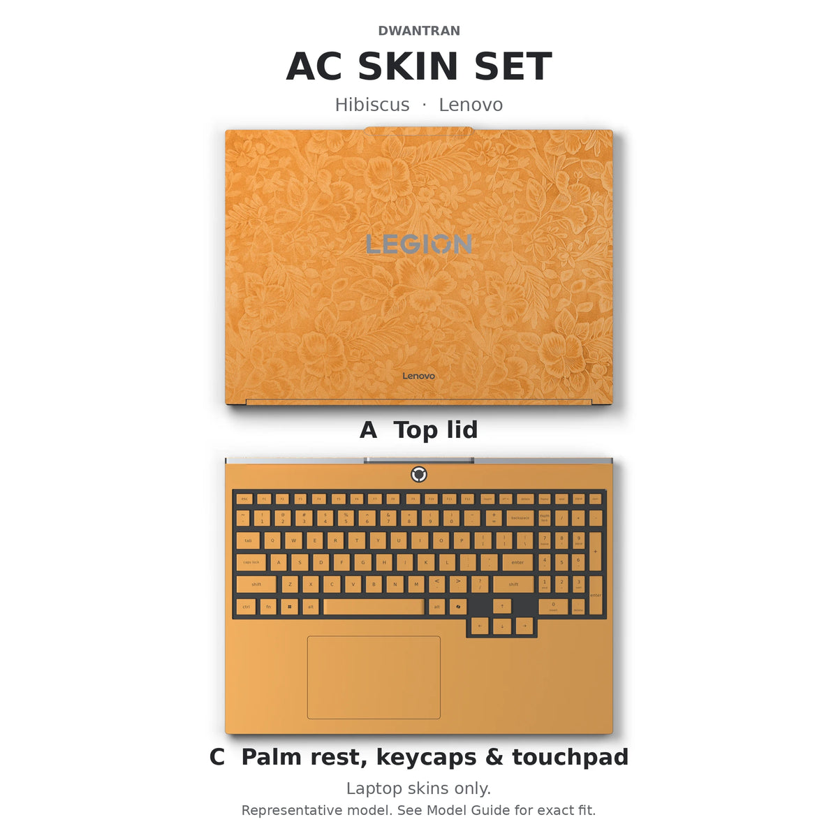 Dwantran Hibiscus Lenovo laptop skin in Sunny Yellow, showing coverage for the laptop lid and keyboard area (A+C) on a white background.