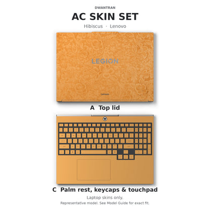 Dwantran Hibiscus Lenovo laptop skin in Sunny Yellow, showing coverage for the laptop lid and keyboard area (A+C) on a white background.