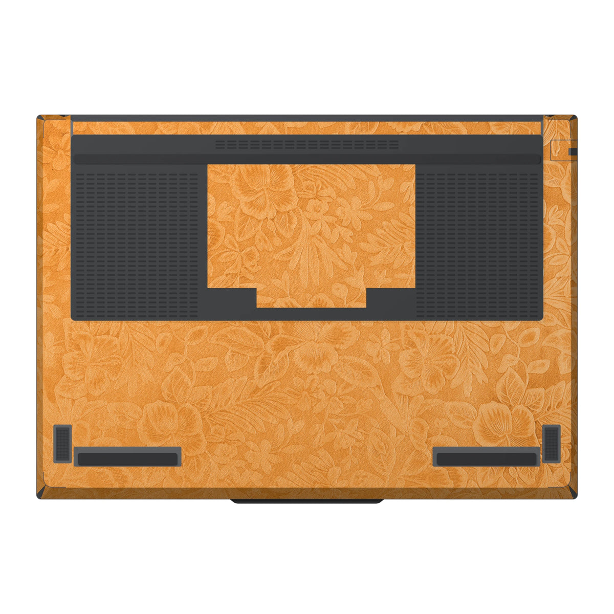 Dwantran Hibiscus Lenovo laptop skin in Sunny Yellow, showing a bottom view of the laptop on a white background.