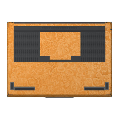Dwantran Hibiscus Lenovo laptop skin in Sunny Yellow, showing a bottom view of the laptop on a white background.