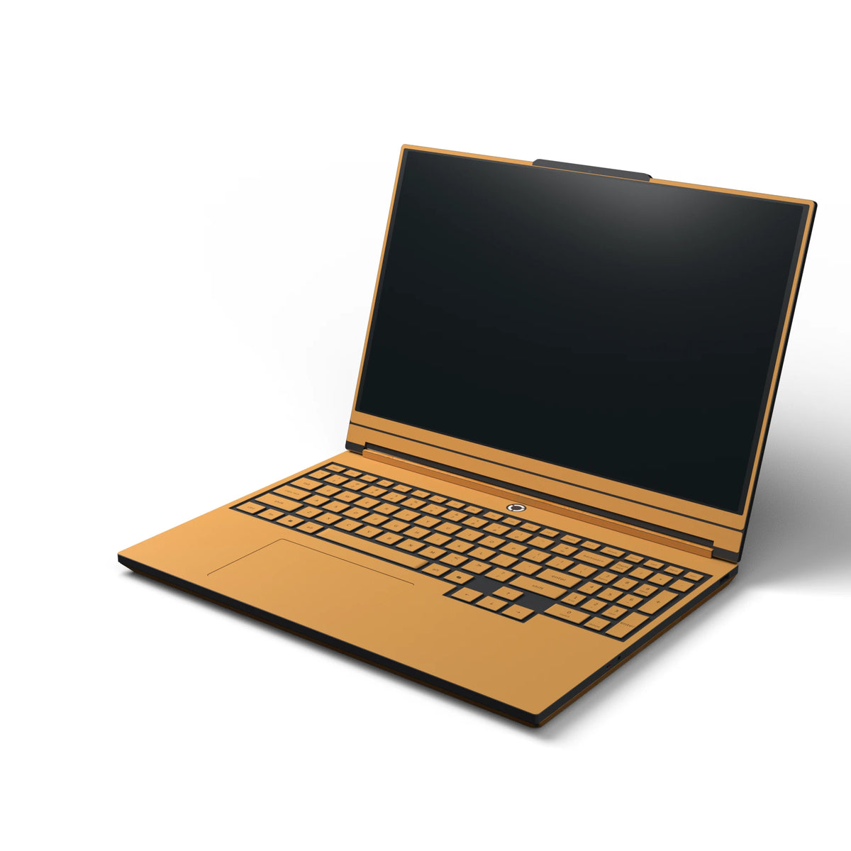 Dwantran Hibiscus Lenovo laptop skin in Sunny Yellow, showing an oblique view of the keyboard area on a white background.