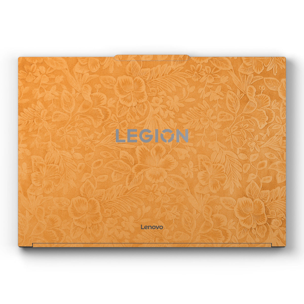 Dwantran Hibiscus Lenovo laptop skin in Sunny Yellow, showing a top view of the laptop lid on a white background.