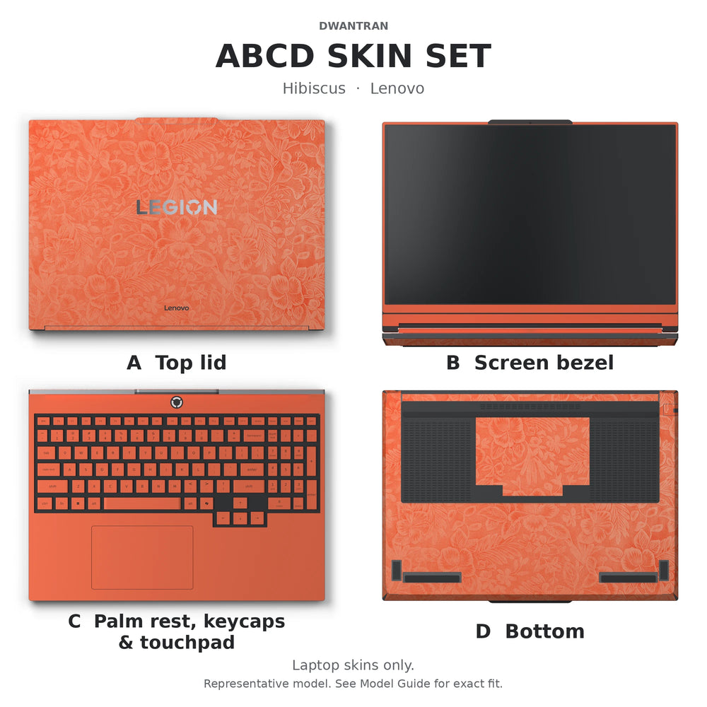 Dwantran Hibiscus Lenovo laptop skin in Sunset Orange, showing coverage for the laptop lid, screen bezel, keyboard area, and underside (A+B+C+D) on a white background.