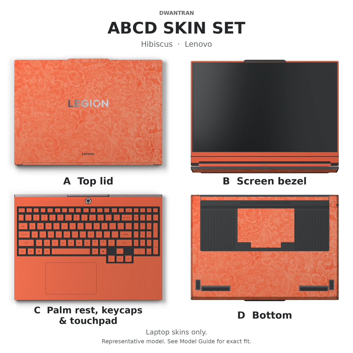 Dwantran Hibiscus Lenovo laptop skin in Sunset Orange, showing coverage for the laptop lid, screen bezel, keyboard area, and underside (A+B+C+D) on a white background.