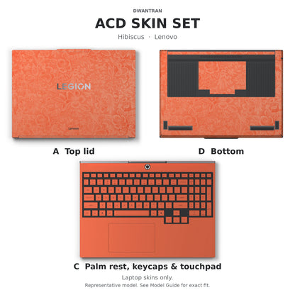 Dwantran Hibiscus Lenovo laptop skin in Sunset Orange, showing coverage for the laptop lid, keyboard area, and underside (A+C+D) on a white background.