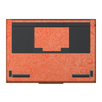 Dwantran Hibiscus Lenovo laptop skin in Sunset Orange, showing a bottom view of the laptop on a white background.