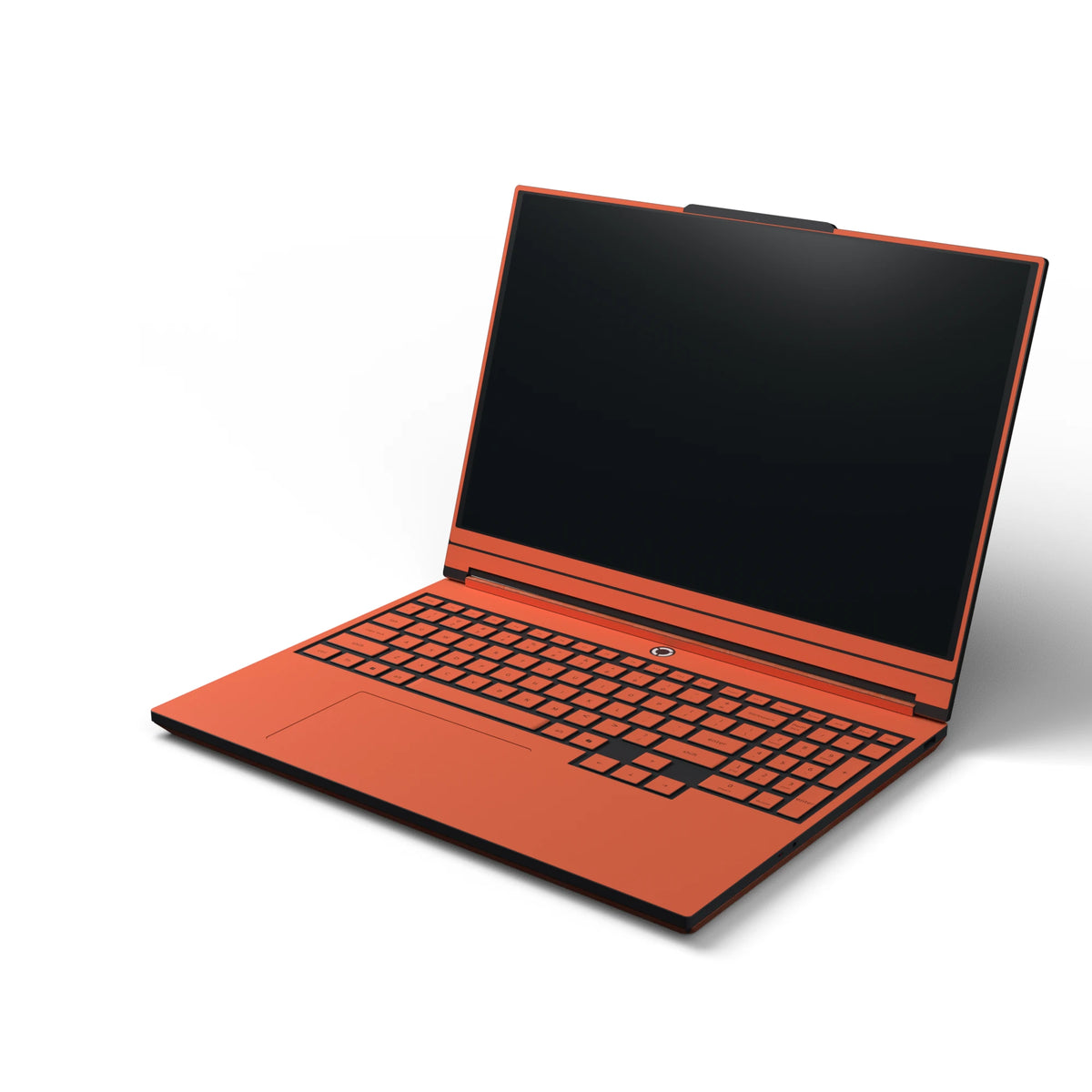 Dwantran Hibiscus Lenovo laptop skin in Sunset Orange, showing an oblique view of the keyboard area on a white background.
