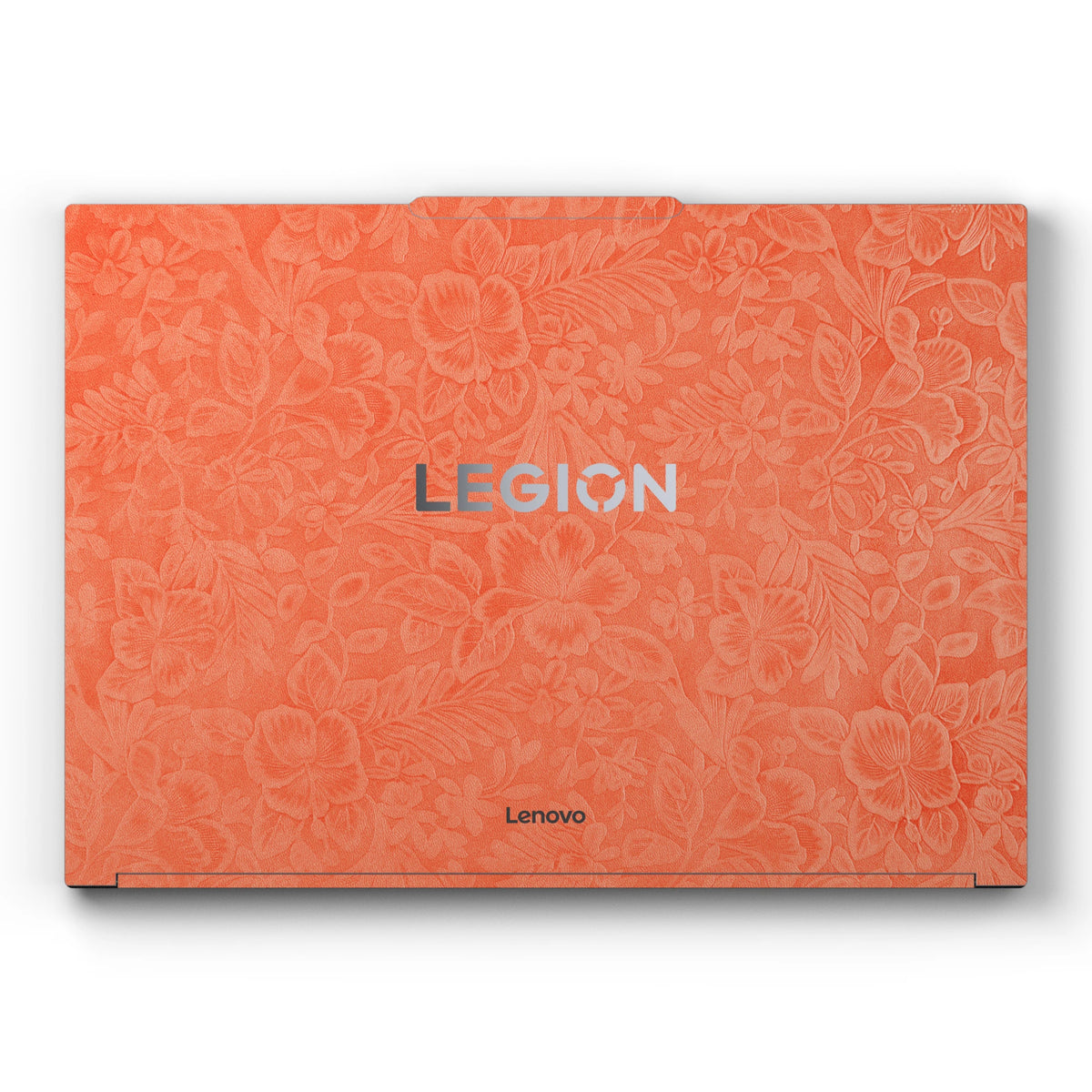 Dwantran Hibiscus Lenovo laptop skin in Sunset Orange, showing a top view of the laptop lid on a white background.