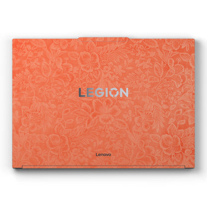 Dwantran Hibiscus Lenovo laptop skin in Sunset Orange, showing a top view of the laptop lid on a white background.
