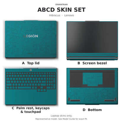 Dwantran Hibiscus Lenovo laptop skin in Tropical Teal, showing coverage for the laptop lid, screen bezel, keyboard area, and underside (A+B+C+D) on a white background.