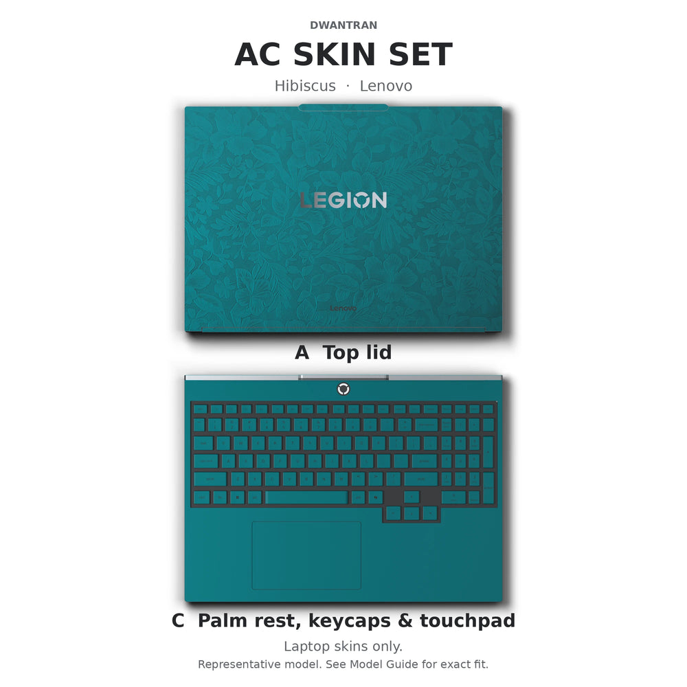 Dwantran Hibiscus Lenovo laptop skin in Tropical Teal, showing coverage for the laptop lid and keyboard area (A+C) on a white background.