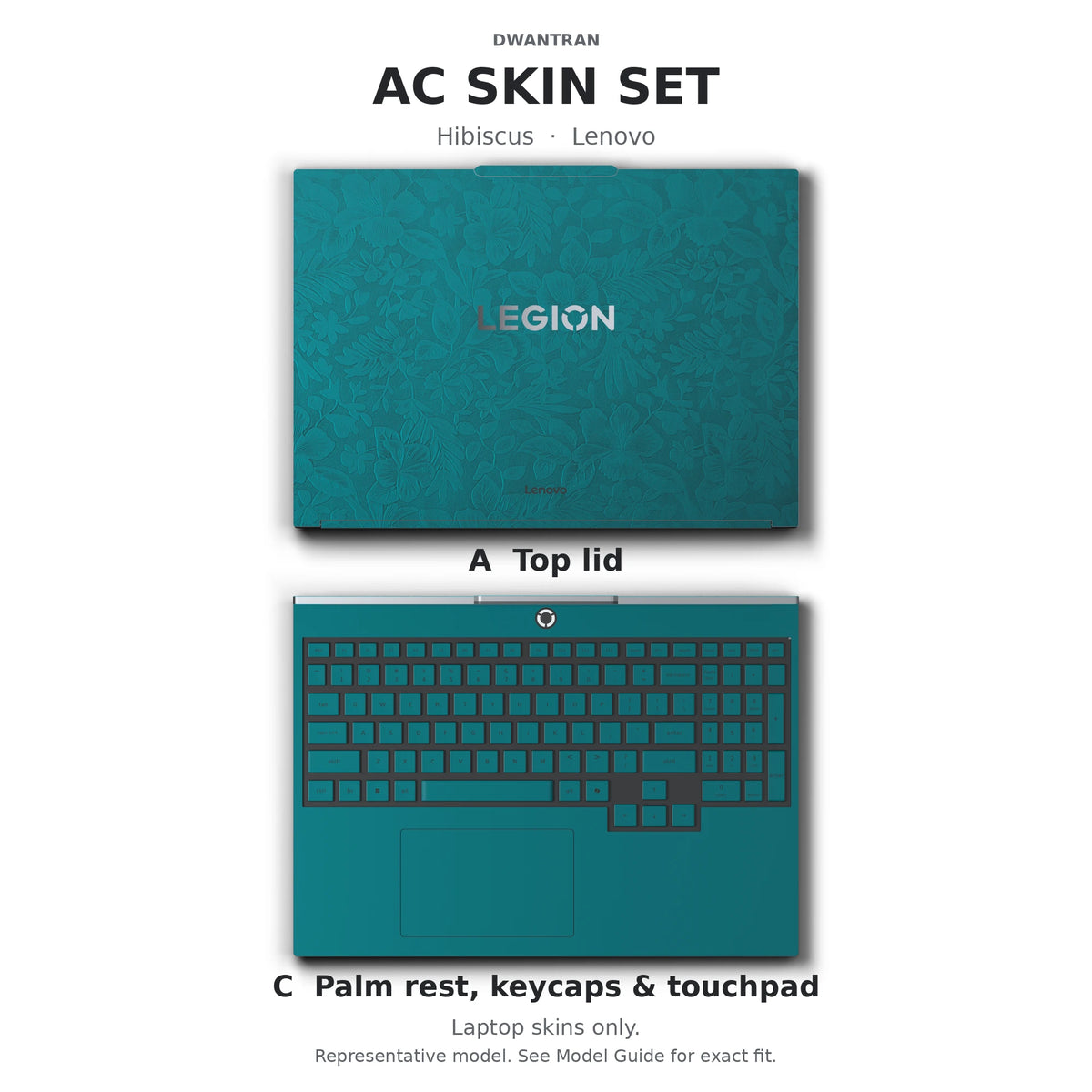 Dwantran Hibiscus Lenovo laptop skin in Tropical Teal, showing coverage for the laptop lid and keyboard area (A+C) on a white background.