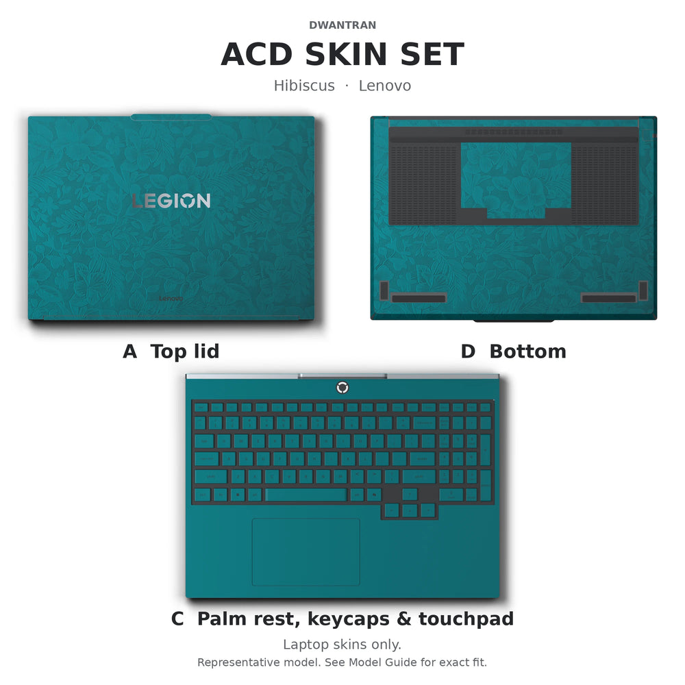 Dwantran Hibiscus Lenovo laptop skin in Tropical Teal, showing coverage for the laptop lid, keyboard area, and underside (A+C+D) on a white background.