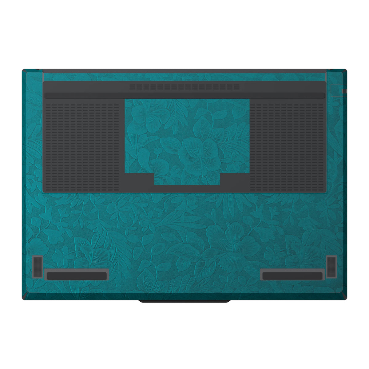 Dwantran Hibiscus Lenovo laptop skin in Tropical Teal, showing a bottom view of the laptop on a white background.