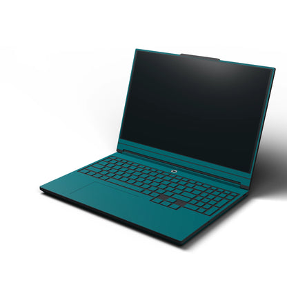 Dwantran Hibiscus Lenovo laptop skin in Tropical Teal, showing an oblique view of the keyboard area on a white background.