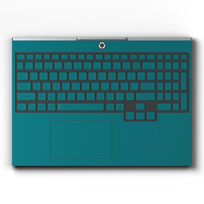 Dwantran Hibiscus Lenovo laptop skin in Tropical Teal, showing a top view of the keyboard area on a white background.