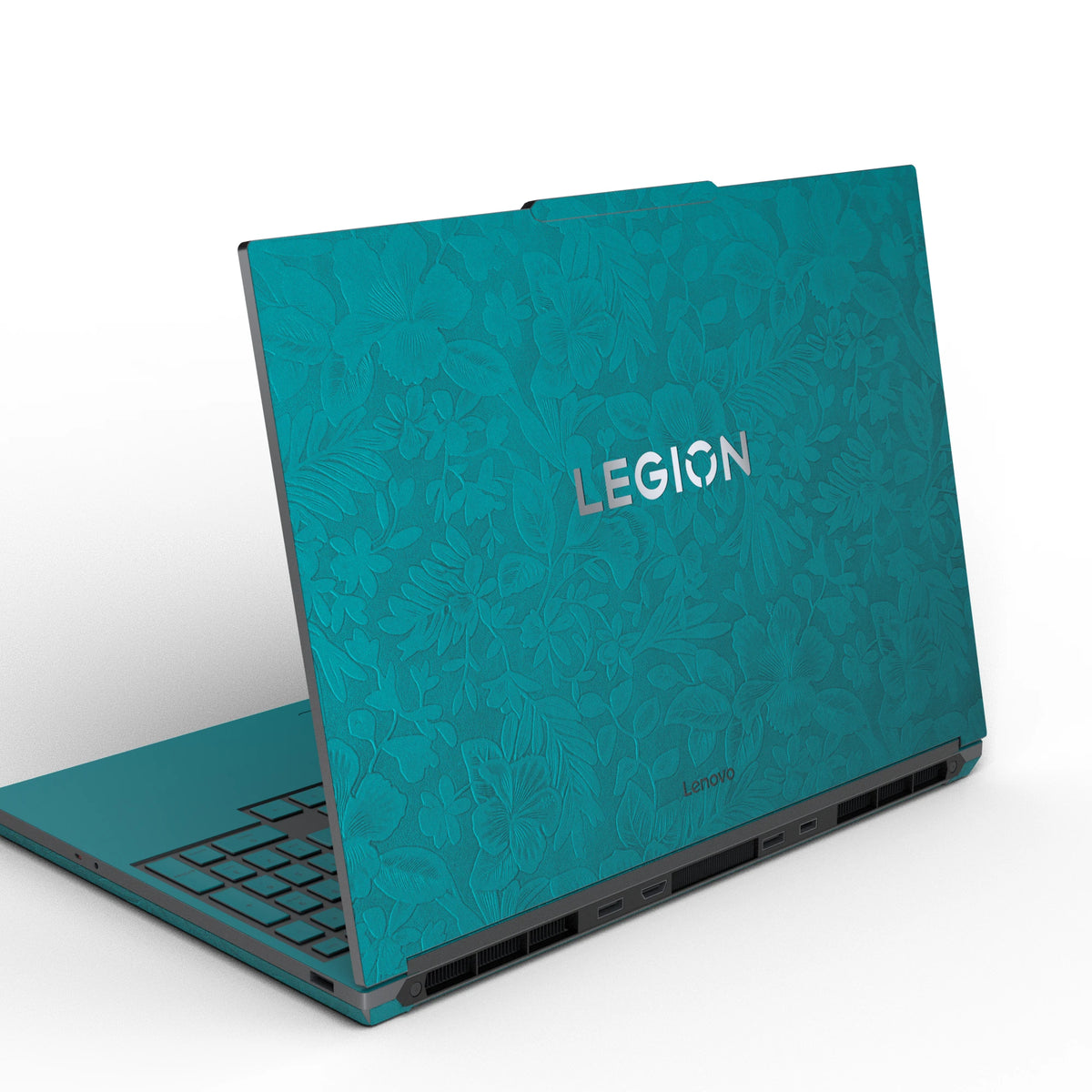 Dwantran Hibiscus Lenovo laptop skin in Tropical Teal, showing an oblique view of the laptop lid on a white background.