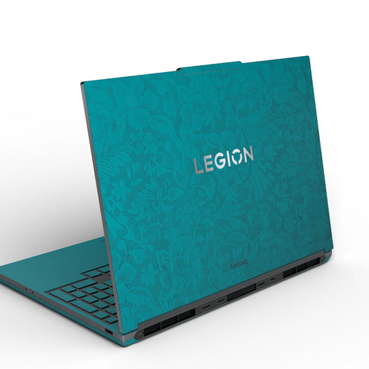 Dwantran Hibiscus Lenovo laptop skin in Tropical Teal, showing an oblique view of the laptop lid on a white background.